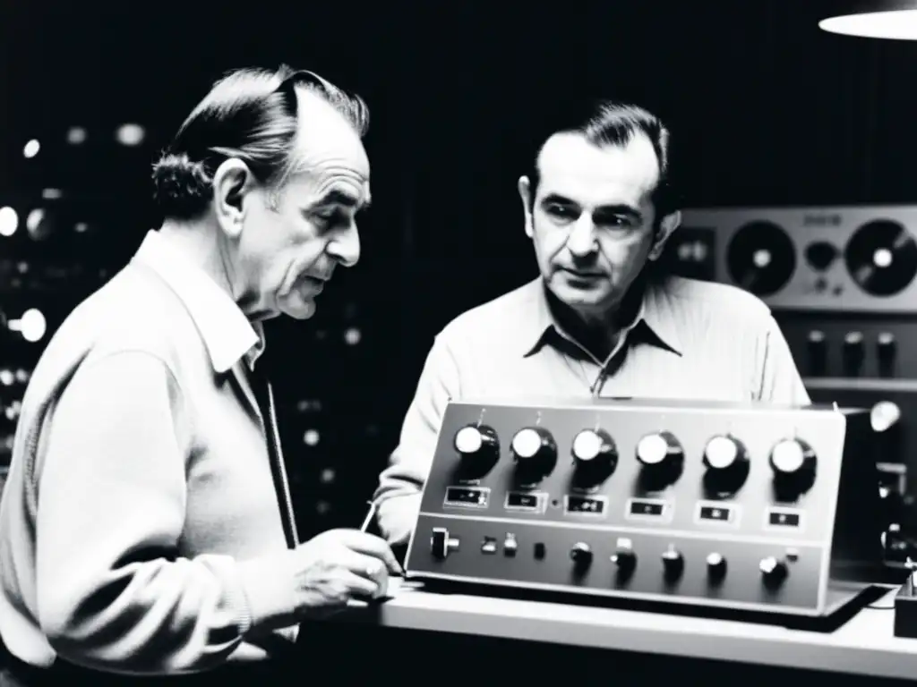 Dos pioneros de la música concreta, Pierre Schaeffer y Pierre Henry, trabajando en su estudio en París