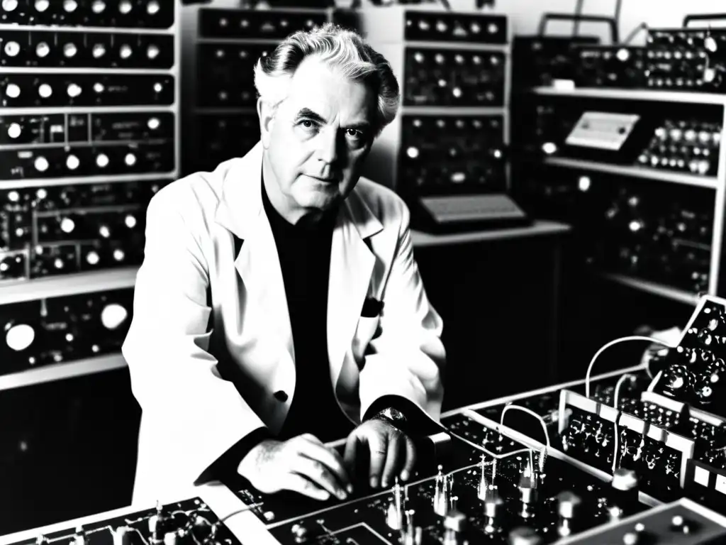 Pioneros de la música electrónica: Robert Moog en su taller, soldando circuitos rodeado de componentes y módulos de sintetizador