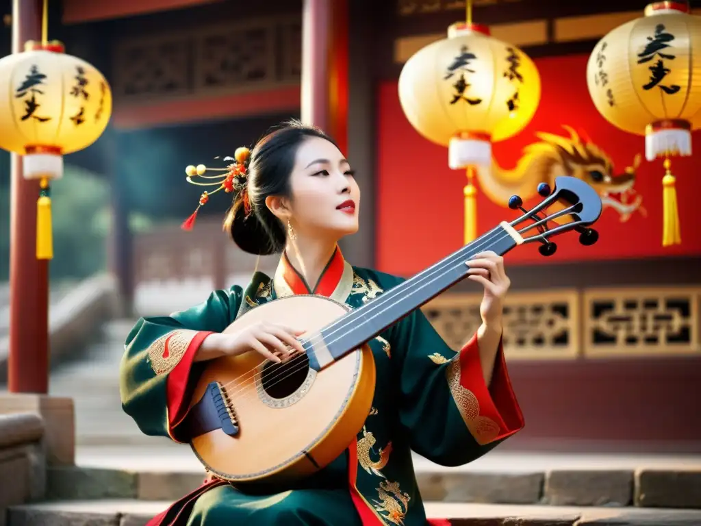 Pipa chino laúd tradición: Imagen documental de un músico tocando una pipa china en un entorno tradicional, con diseños de dragón y fénix