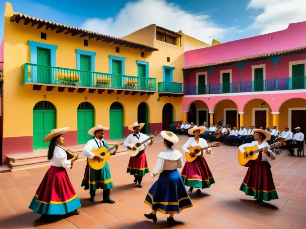 Plaza colonial llena de música y baile, reflejando la influencia de la música española en América Latina