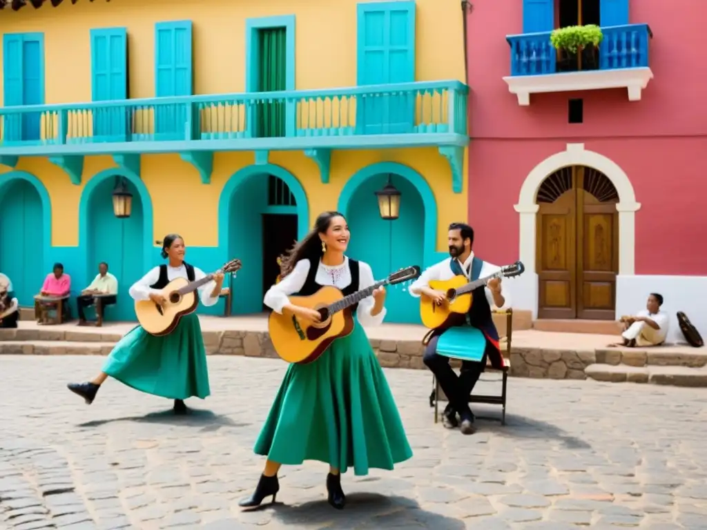 Plaza colonial llena de vida con música española en América Latina, músicos, edificios coloridos y ambiente cálido al atardecer