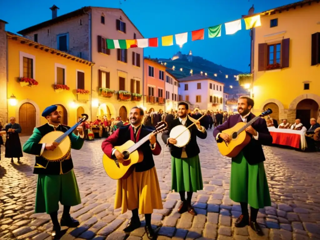 En la plaza del festival Zampogna, músicos italianos visten atuendos tradicionales y tocan sus instrumentos mientras la multitud los rodea