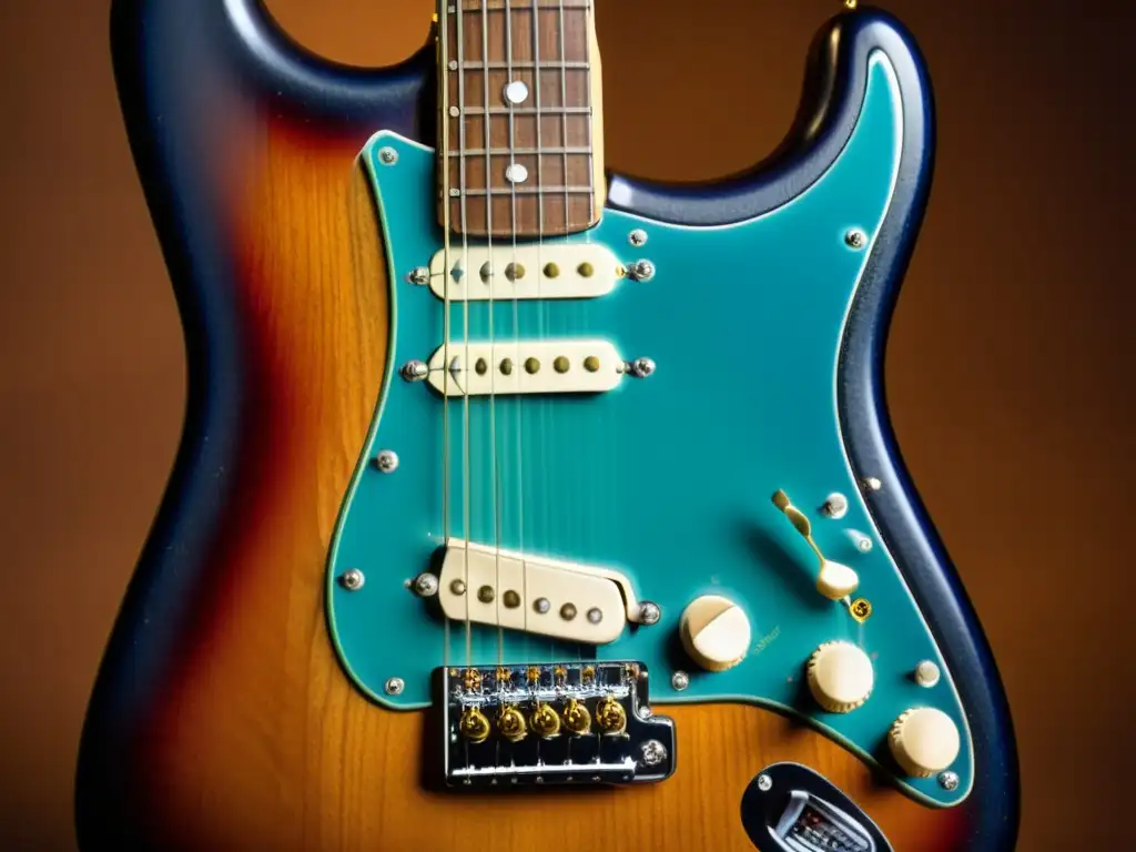 Una poderosa imagen de una guitarra eléctrica Fender Stratocaster vintage, fusionando historia y sonido del Blues Rock