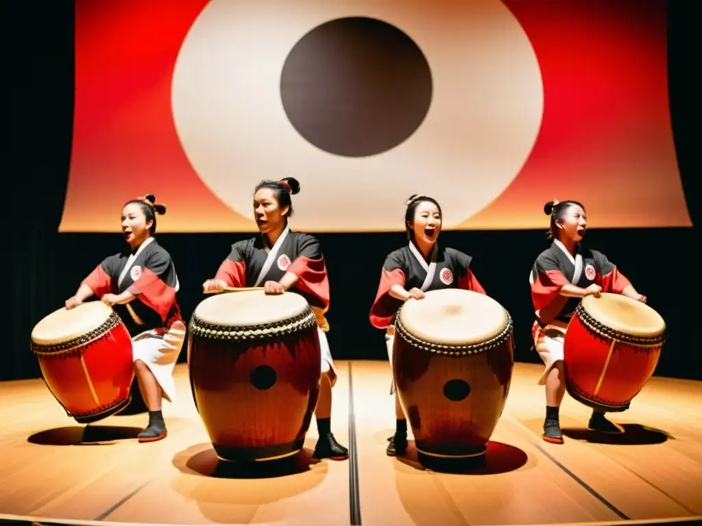 Un poderoso espectáculo de taiko japonés en un escenario tradicional, capturando la intensidad y pasión de la actuación