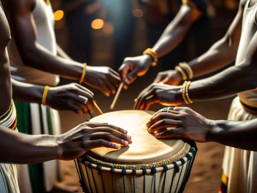 Un poderoso ritual del Candomblé con Tambores del ritual del Candomblé, expresiones concentradas y atuendos tradicionales