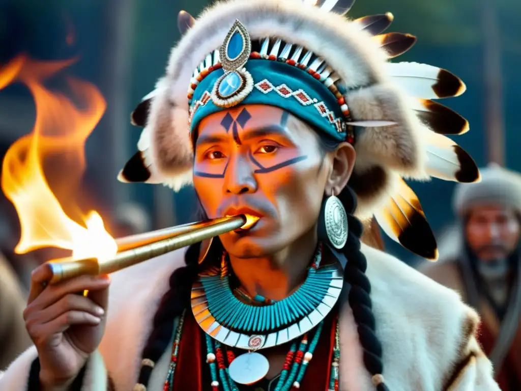 Un poderoso Shaman siberiano realiza un ritual con el Arpa de Boca entre antorchas titilantes, creando una atmósfera mística y cautivadora