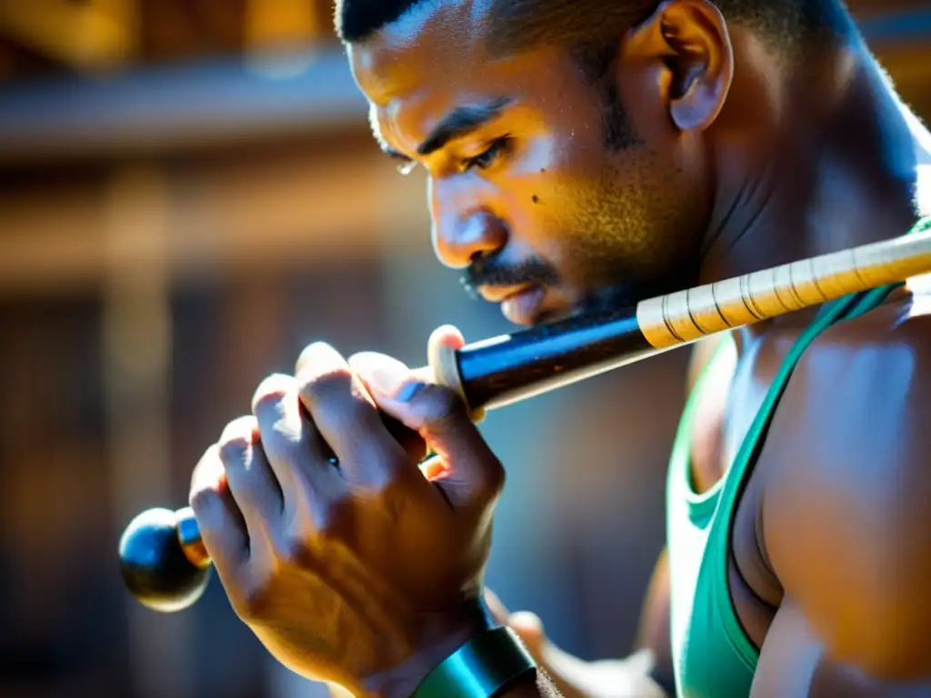 Un practicante de capoeira con intensa concentración sostiene un berimbau, destacando la importancia del berimbau en capoeira