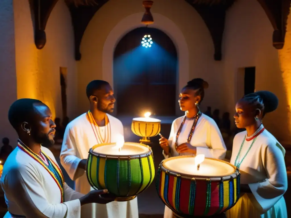 Practicantes de Candomblé tocando los vibrantes tambores del ritual del Candomblé en un templo iluminado por velas