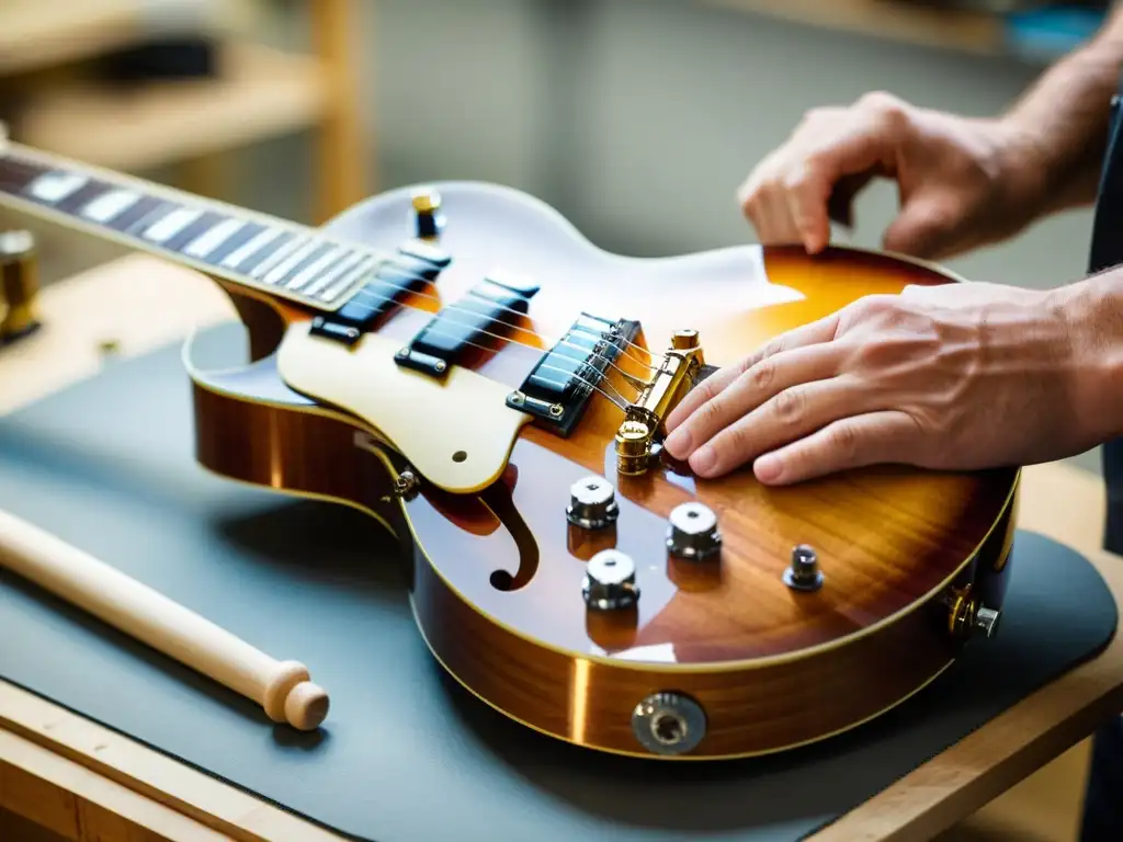 Un luthier ensambla con precisión una guitarra Gibson Les Paul, mostrando la artesanía detrás del sonido eléctrico