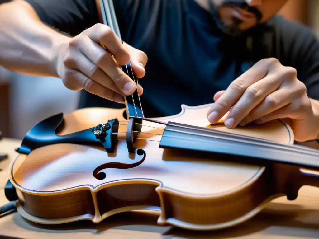 Un luthier esculpe con precisión un elegante violín eléctrico, capturando la artesanía del diseño de instrumentos musicales silenciosos