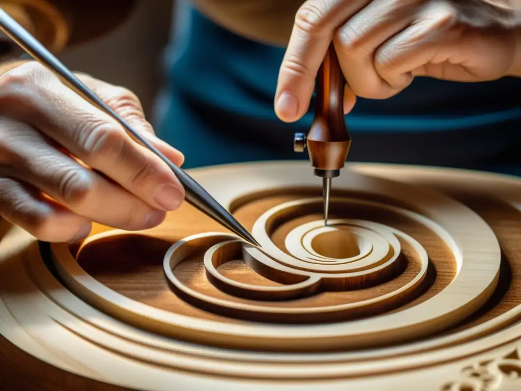 Un luthier esculpe con precisión ergonómica los detalles de un violín, mostrando la artesanía en el diseño de instrumentos musicales