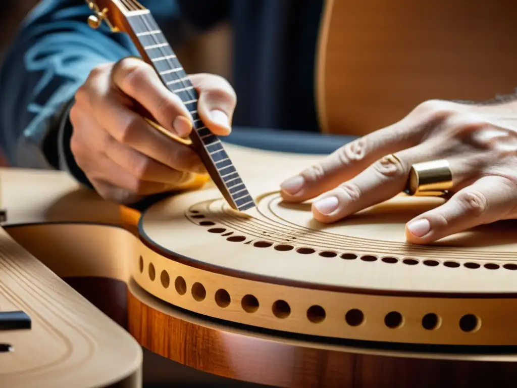 Un luthier hábil talla con precisión una guitarra clásica, destacando la importancia de la guitarra en educación musical