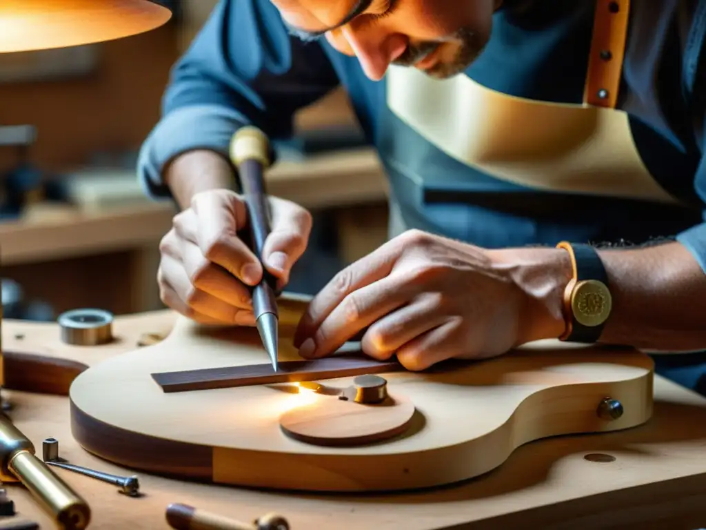 Un luthier crea con precisión una guitarra personalizada en su taller, resaltando la artesanía y atención al detalle en la personalización de instrumentos musicales