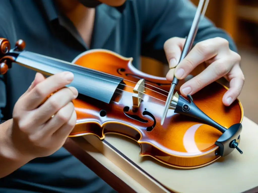 Un luthier aplica con precisión un innovador acabado a un violín, fusionando tradición y modernidad en la fabricación de instrumentos musicales