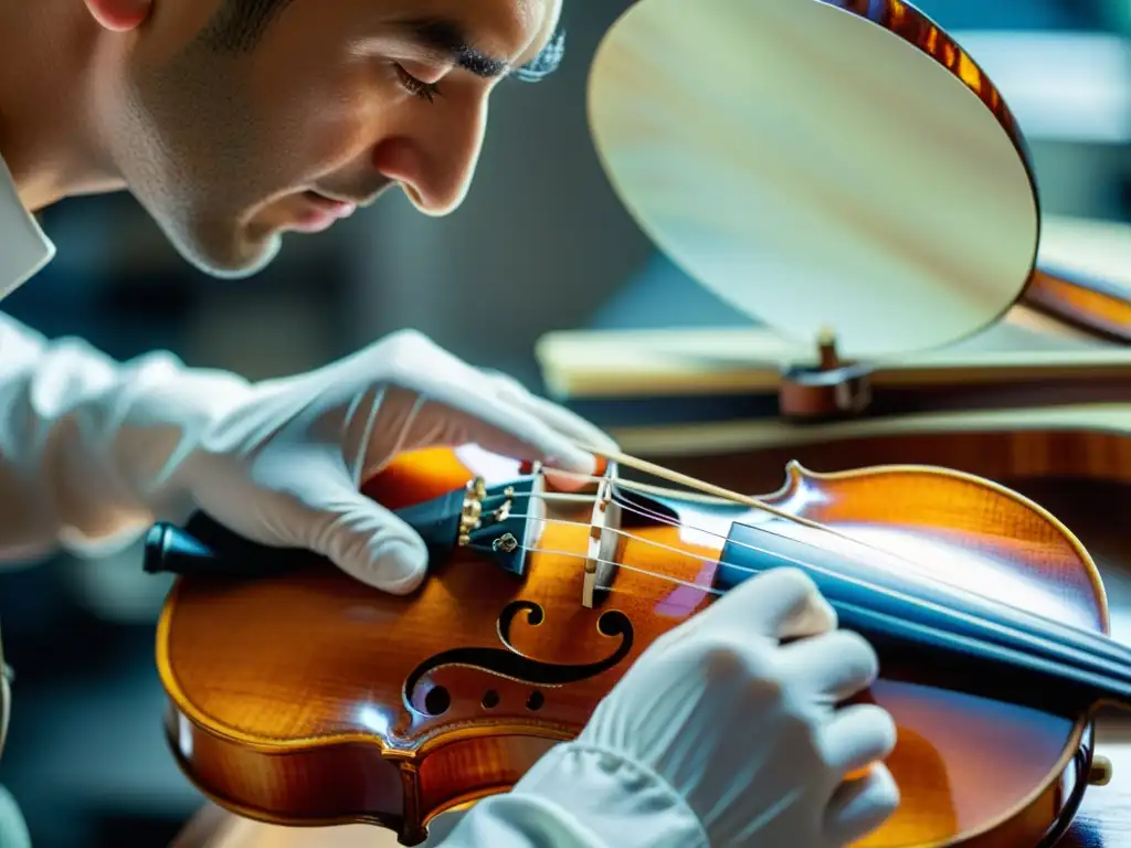 Un luthier aplica con precisión la laca a un violín, destacando la relación entre acústica y laca en violines