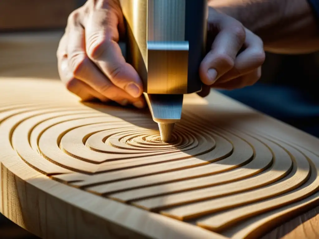 Un luthier esculpe con precisión una madera alternativa para guitarra, destacando la artesanía en la fabricación de instrumentos musicales ecofriendly