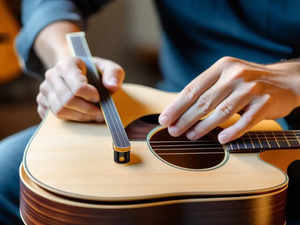 Un luthier hábil integra con precisión un sistema de audio en una guitarra acústica, fusionando artesanía tradicional con tecnología moderna