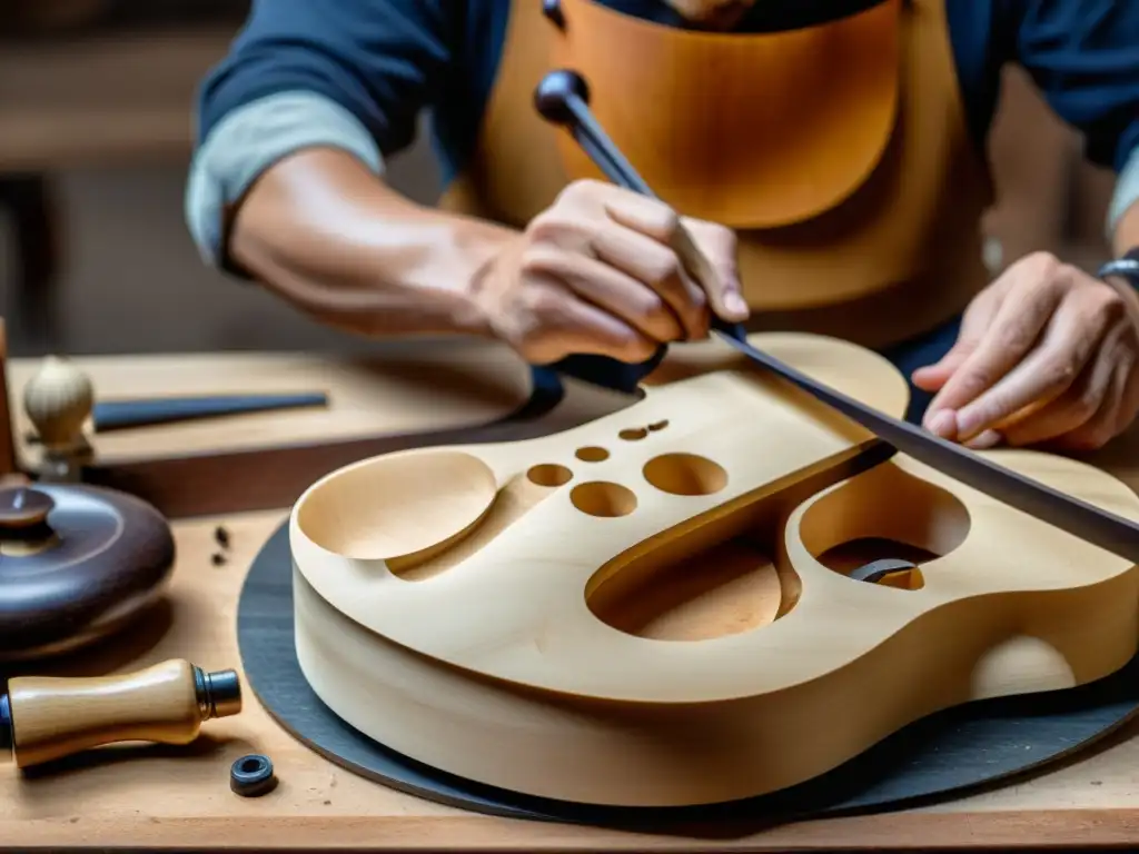 Un luthier esculpe con precisión un violín barroco en su taller, rodeado de herramientas y virutas de madera