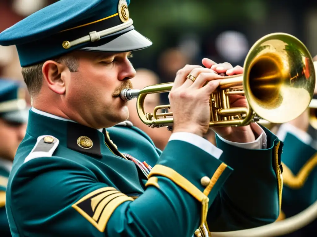 Un primer plano de una banda militar vintage, mostrando la pasión del cornetista mientras interpreta con precisión