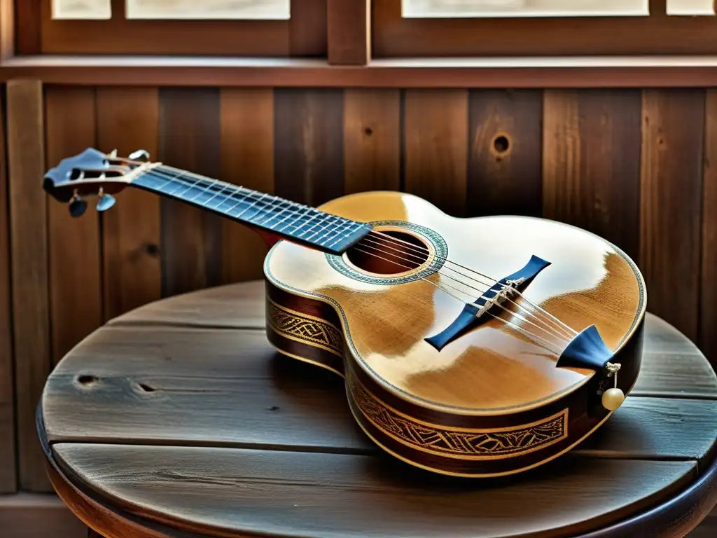 Un primer plano de un bouzouki griego tradicional, desgastado por el tiempo, descansando sobre una mesa de madera envejecida