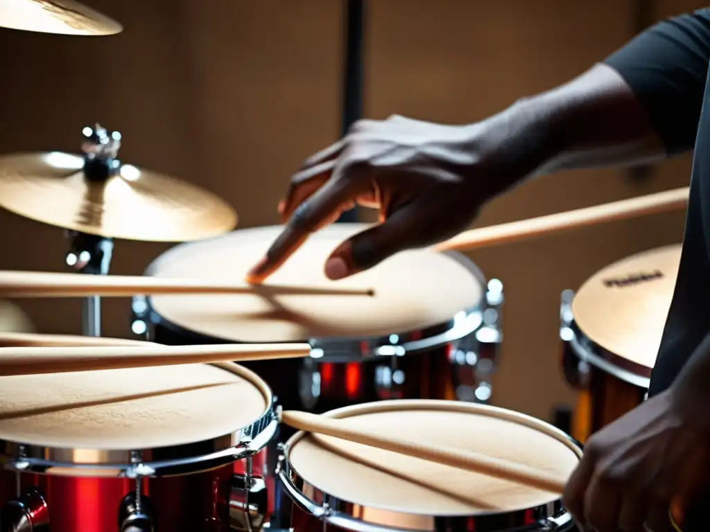 Un primer plano detallado de las manos de un baterista de jazz tocando la batería, destacando las técnicas de percusión en jazz con pasión y precisión