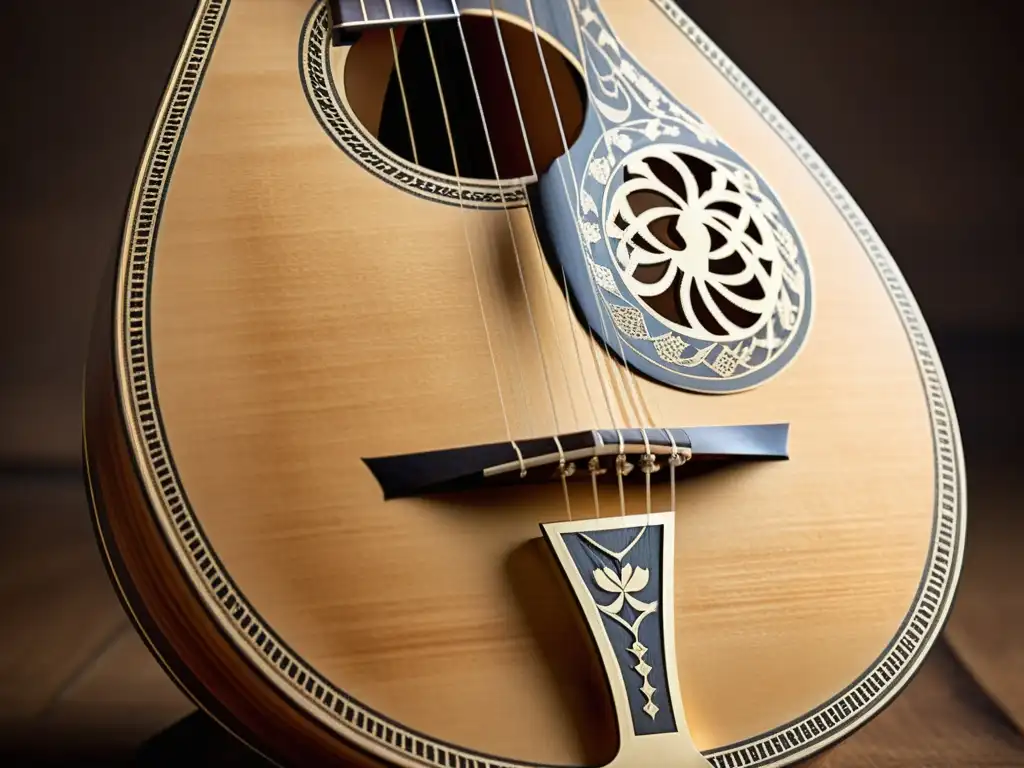 Un primer plano de alta resolución de un bouzouki griego tradicional, mostrando detalles intrincados y cuerdas envejecidas