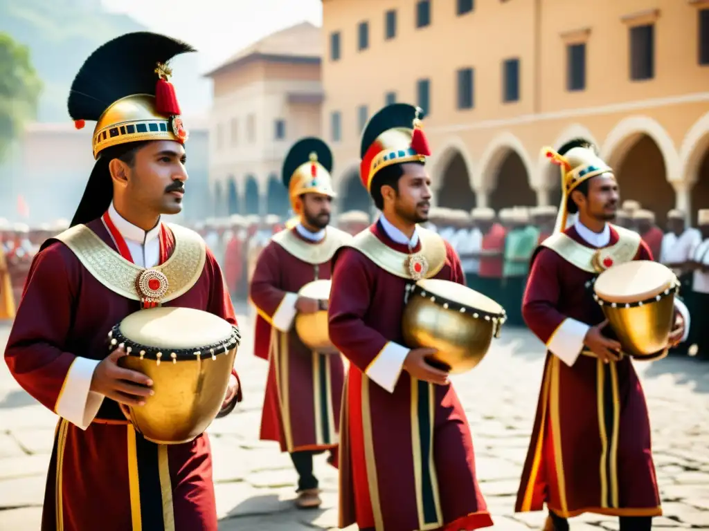 Una procesión ceremonial antigua destaca la importancia histórica del crotalo en la cultura, con músicos tocando crotalos tradicionales