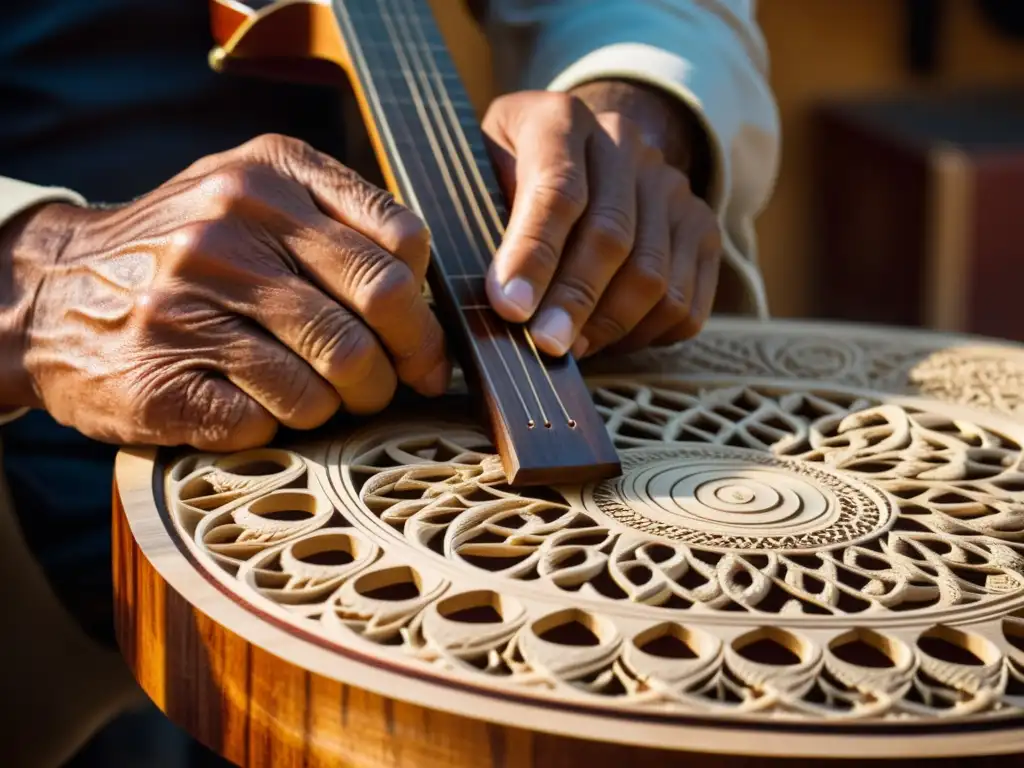 Proceso artesanal de guitarras flamencas en madera: Detalle de un artesano tallando con precisión una guitarra, iluminado por la cálida luz del sol