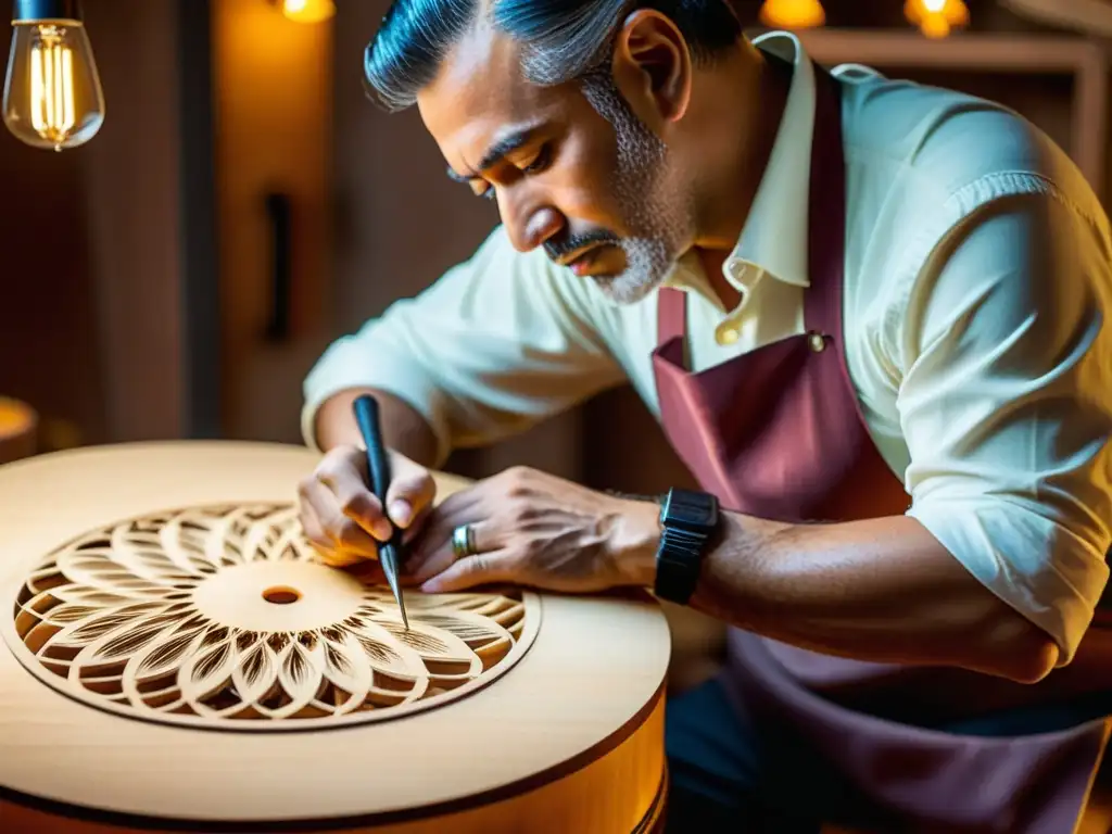 Proceso artesanal de guitarras flamencas: Luthier talla patrones florales en la madera de una guitarra flamenco con herramientas tradicionales