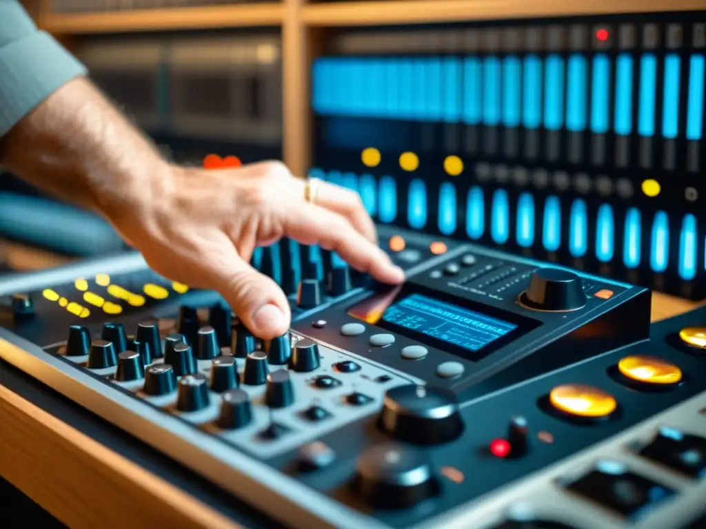Un productor de música sampleando culturas con samples digitales, concentrado en manipular un sampler digital entre vinilos y instrumentos musicales