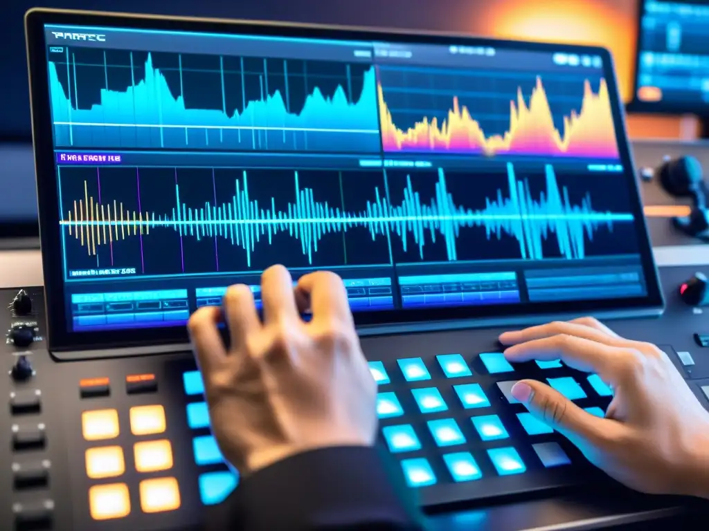 Un productor ajusta efectos en un software de música, con ondas sonoras coloridas y pistas MIDI