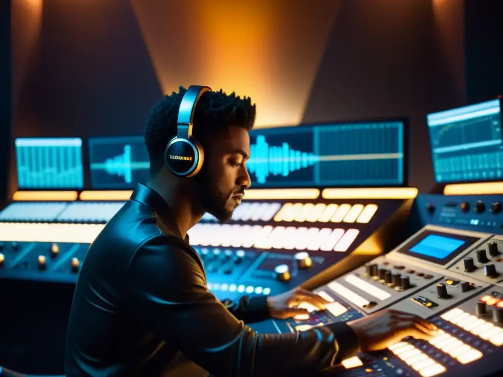 Productor musical inmerso en el arte de la mezcla electrónica Un productor de música electrónica ajusta técnicas de mezcla en un estudio futurista, bañado en cálido resplandor dorado
