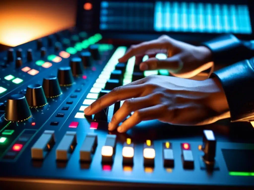 Un productor musical ajusta los controles de un sampler en un estudio íntimamente iluminado