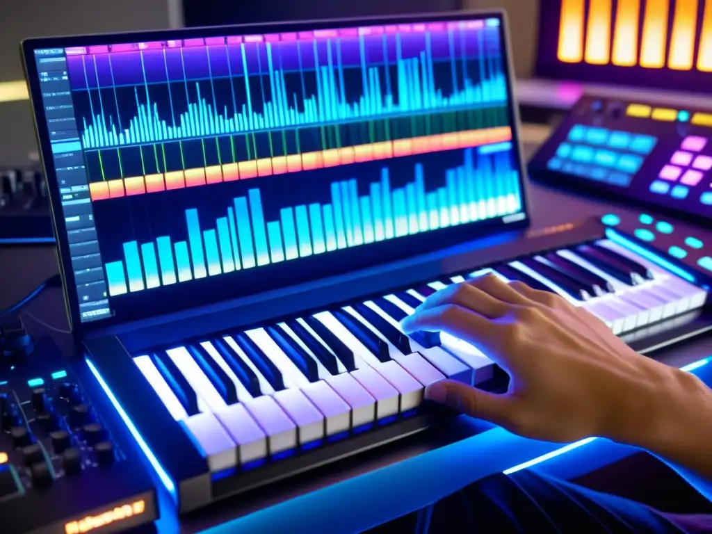 Un productor musical concentra su creatividad en un software de producción musical revolucionario, con un cálido y suave ambiente iluminado