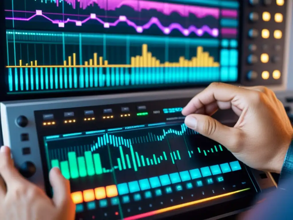 Un productor musical concentra su expresión mientras samplea culturas con un sampler digital, con ondas de sonido coloridas en la pantalla