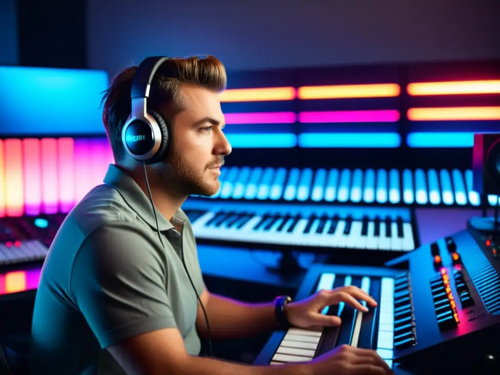 Un productor musical inmerso en su estudio, rodeado de teclados MIDI para producción musical, generando música en un ambiente cautivador