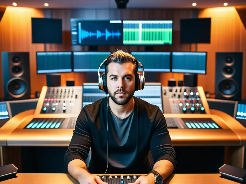 Un productor musical profesional crea composiciones musicales con DAWs en un moderno estudio