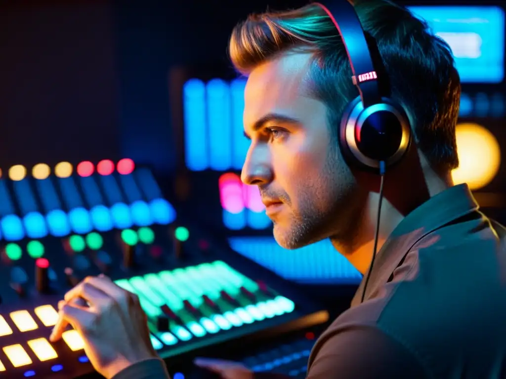 Productor musical ajustando niveles en estudio Un productor musical profesional concentra su energía en ajustar niveles de sonido en un estudio, rodeado de equipos de música electrónica