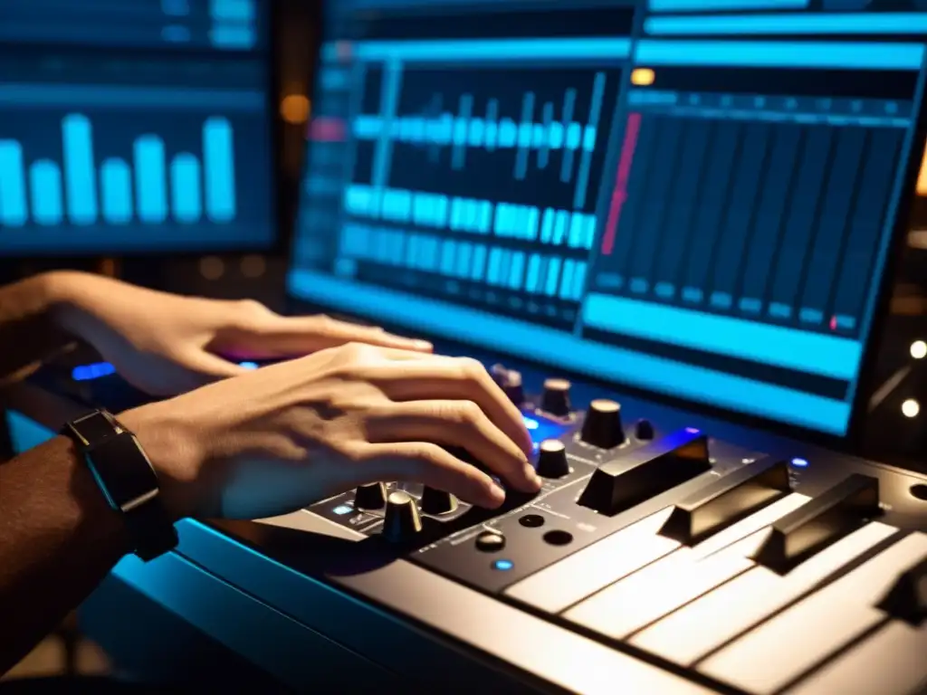 Un productor musical ajusta con precisión el software AutoTune en un estudio tenue, transmitiendo profesionalismo y habilidad técnica