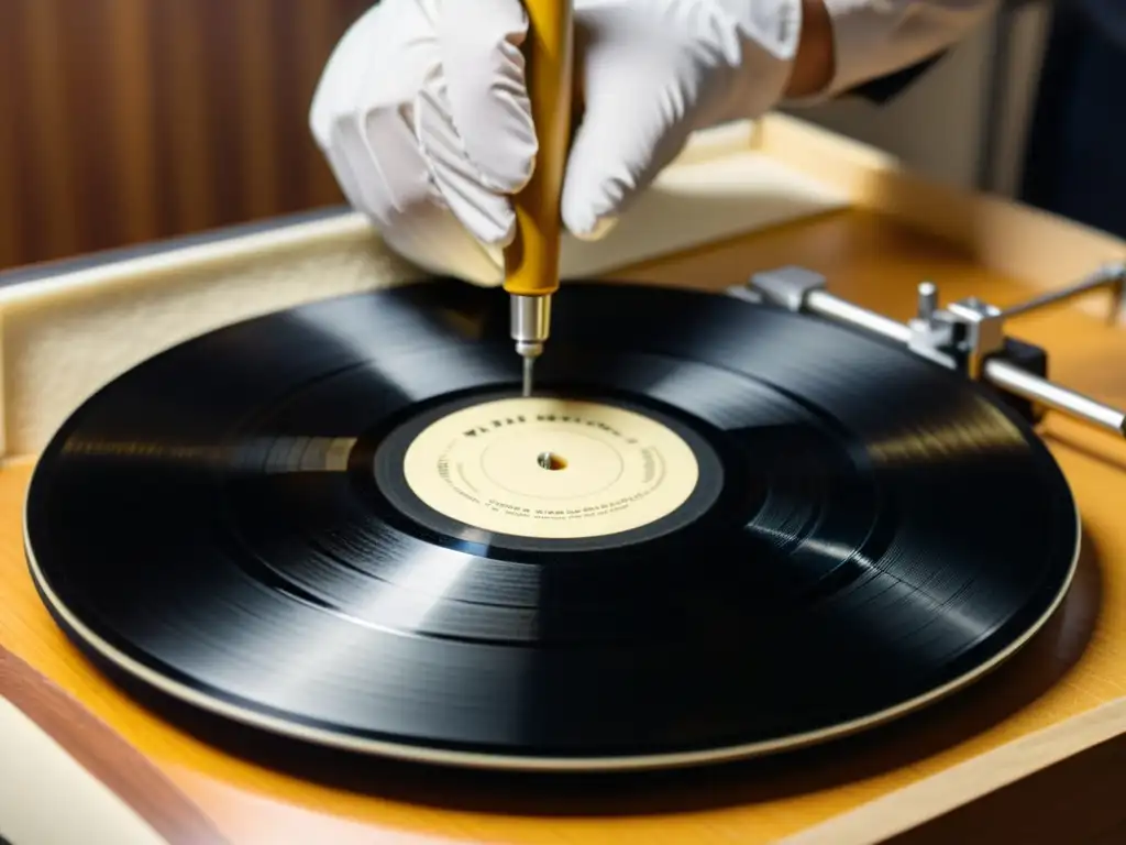 Un profesional archivista limpia con cuidado un vinilo vintage, preservando grabaciones musicales analógicas y digitales con devoción