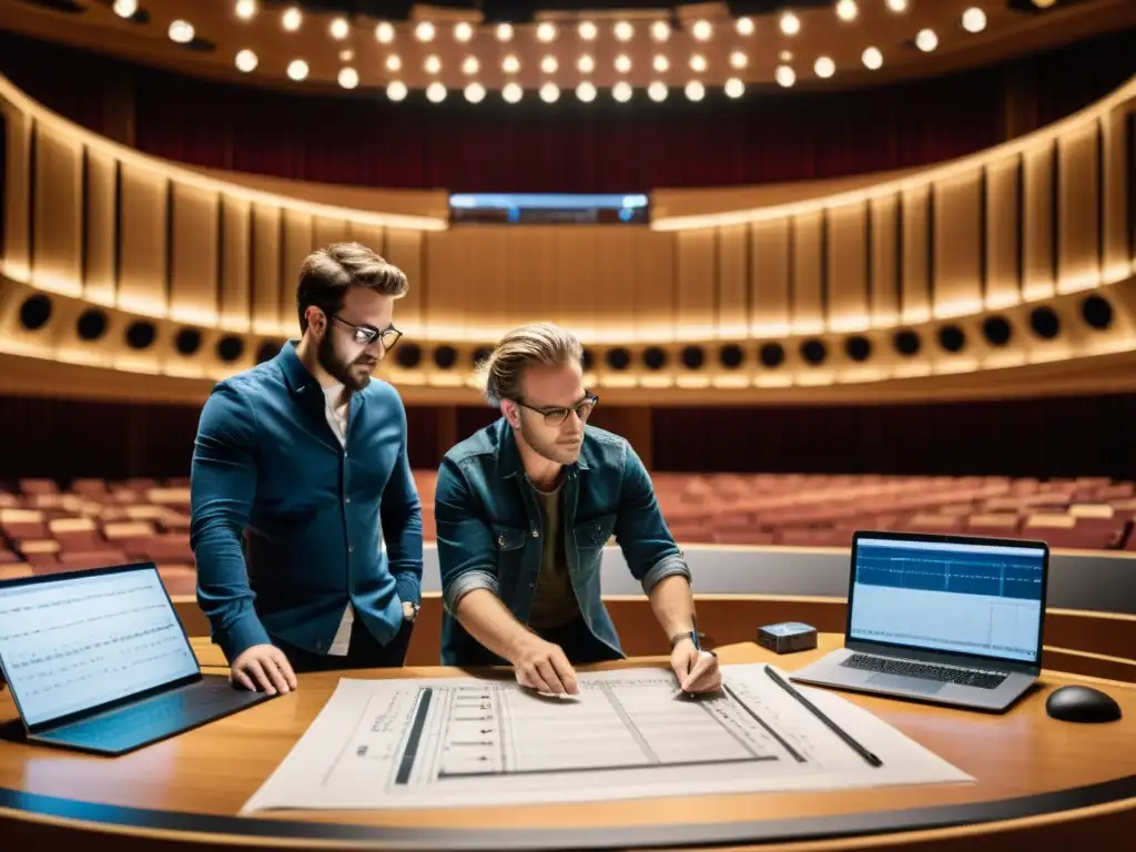 Dos profesionales, arquitecto y ingeniero acústico, colaboran en sala de conciertos, discutiendo planos y mediciones acústicas