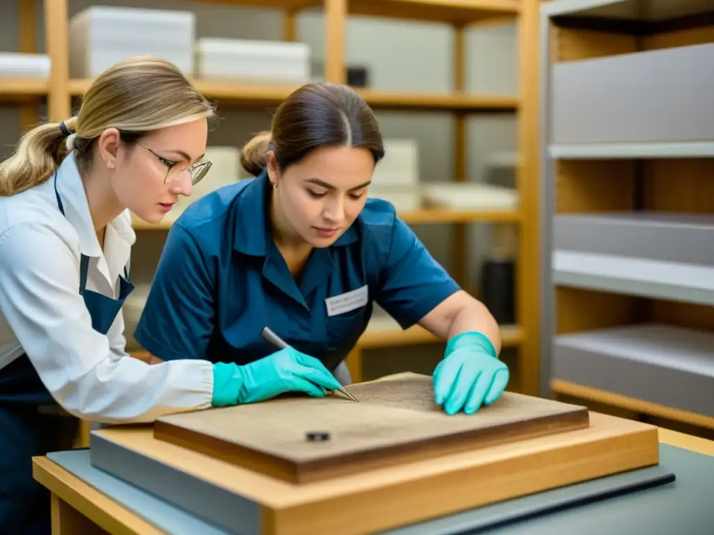 Profesionales de conservación evaluando con precisión la condición de un artefacto histórico en un laboratorio, destacando la importancia de evaluar la condición