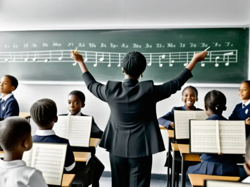 Un profesor de música apasionado dirige una lección en un aula llena de estudiantes de diferentes edades