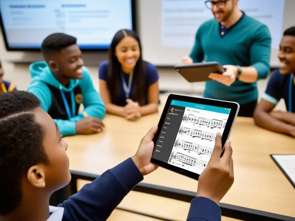 Un profesor de música muestra una app educativa a estudiantes en un aula llena de instrumentos y materiales educativos