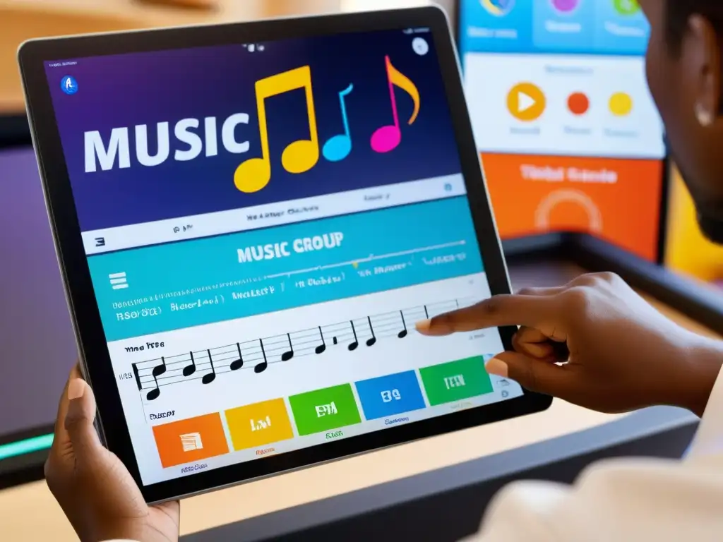 Profesor de música usando una app educativa en tablet con estudiantes