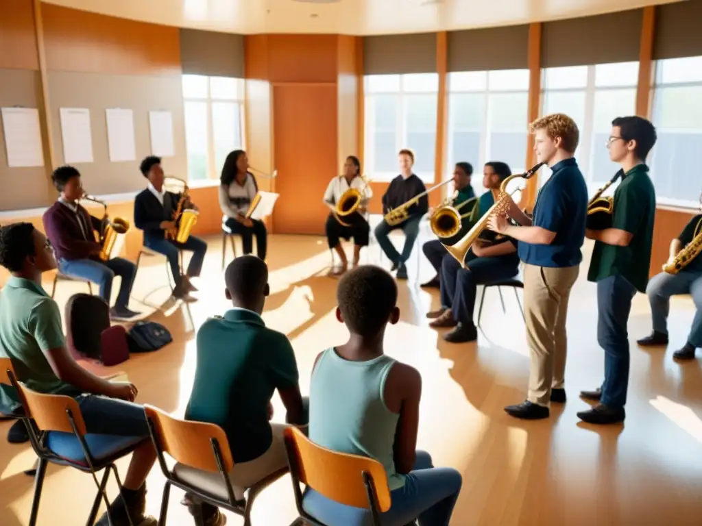 Profesor dirige clase de Técnicas de viento en educación musical con estudiantes concentrados en un aula iluminada por la luz del sol