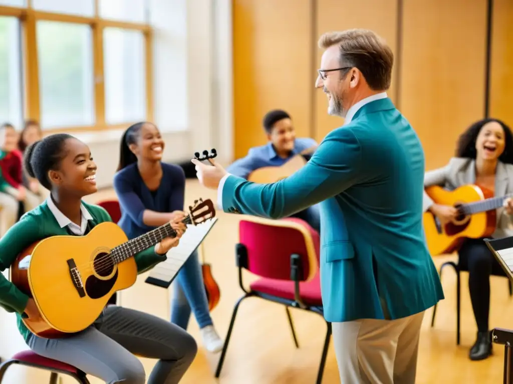 Un profesor de música entusiasta muestra metodologías actuales para fomentar la práctica musical a estudiantes emocionados en un aula espaciosa y bien iluminada