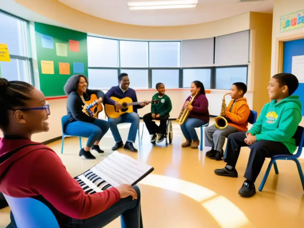 Profesor guía a estudiantes diversos, con y sin discapacidades, tocando instrumentos en clase de música inclusiva