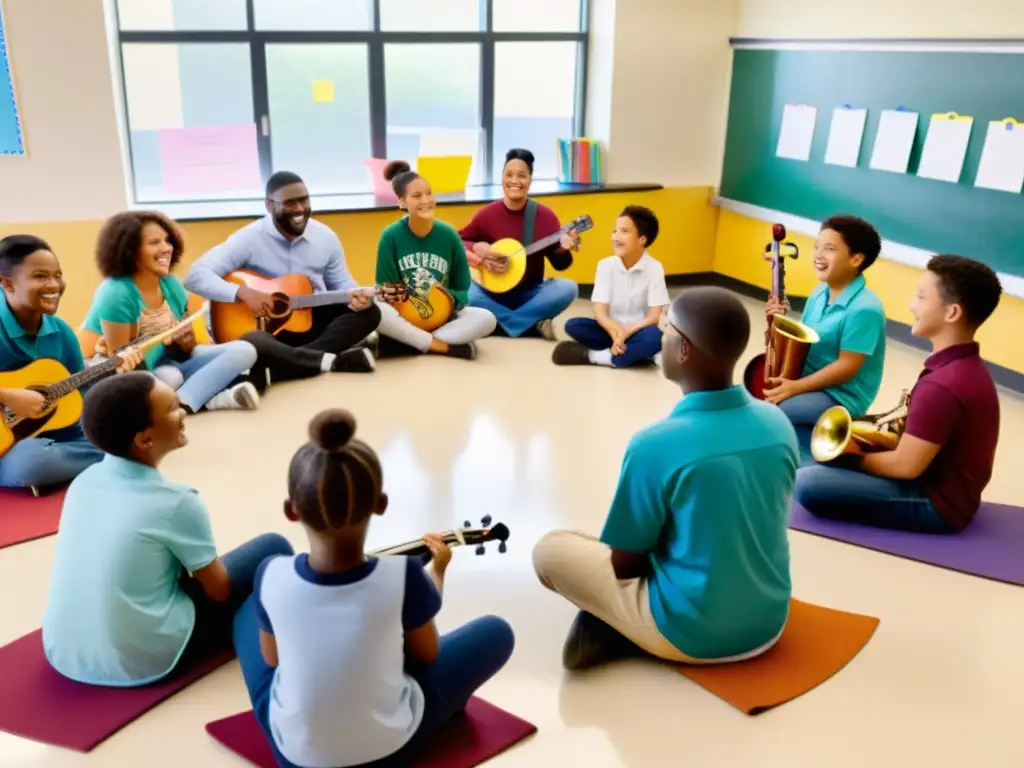 Profesor guía a estudiantes diversos tocando instrumentos en aula vibrante