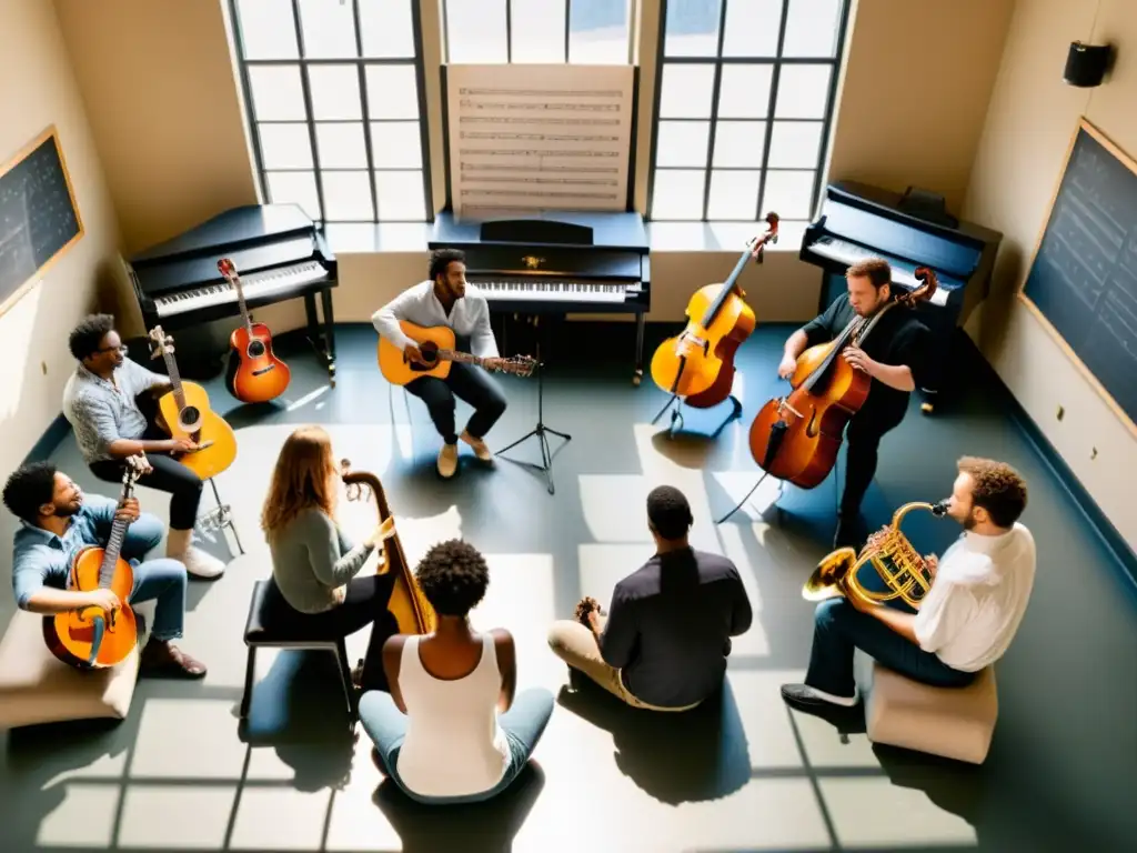 Profesor liderando una improvisación musical en aula con estudiantes y diversos instrumentos